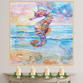 Whimsical Watercolor Painting of a Jewel-Toned Seahorse with Ocean Waves and Sunset Sky on Ready to Hang 1.5" Thick Canvas Wrap, Floating Framed Canvas, Flat Rolled Canvas